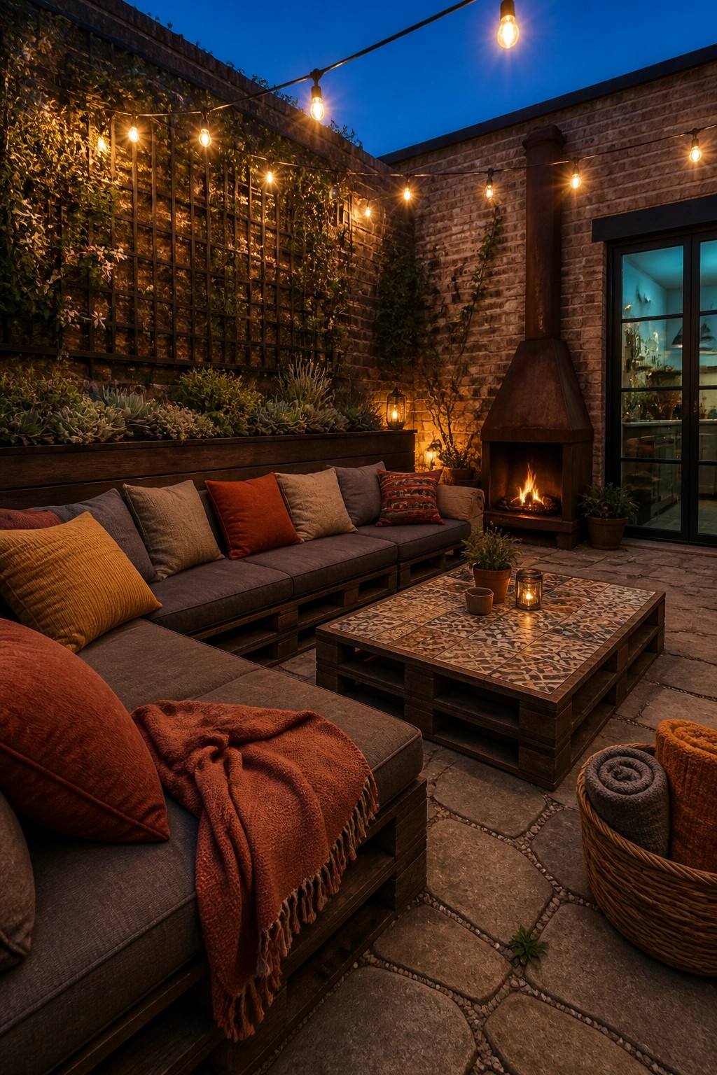 A patio corner with pallet-built sofas topped with cushions, a pallet coffee table, a brick fireplace, and string lights overhead at dusk.