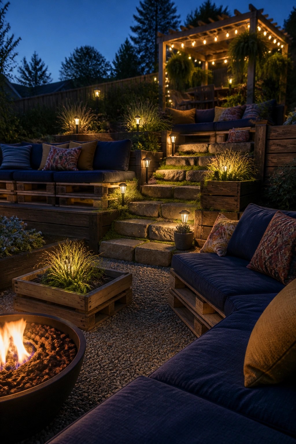 A dusk view of a backyard patio featuring multiple pallet-built sofas with blue cushions, a fire pit in a wooden box, stone steps, and string lights on a pergola.