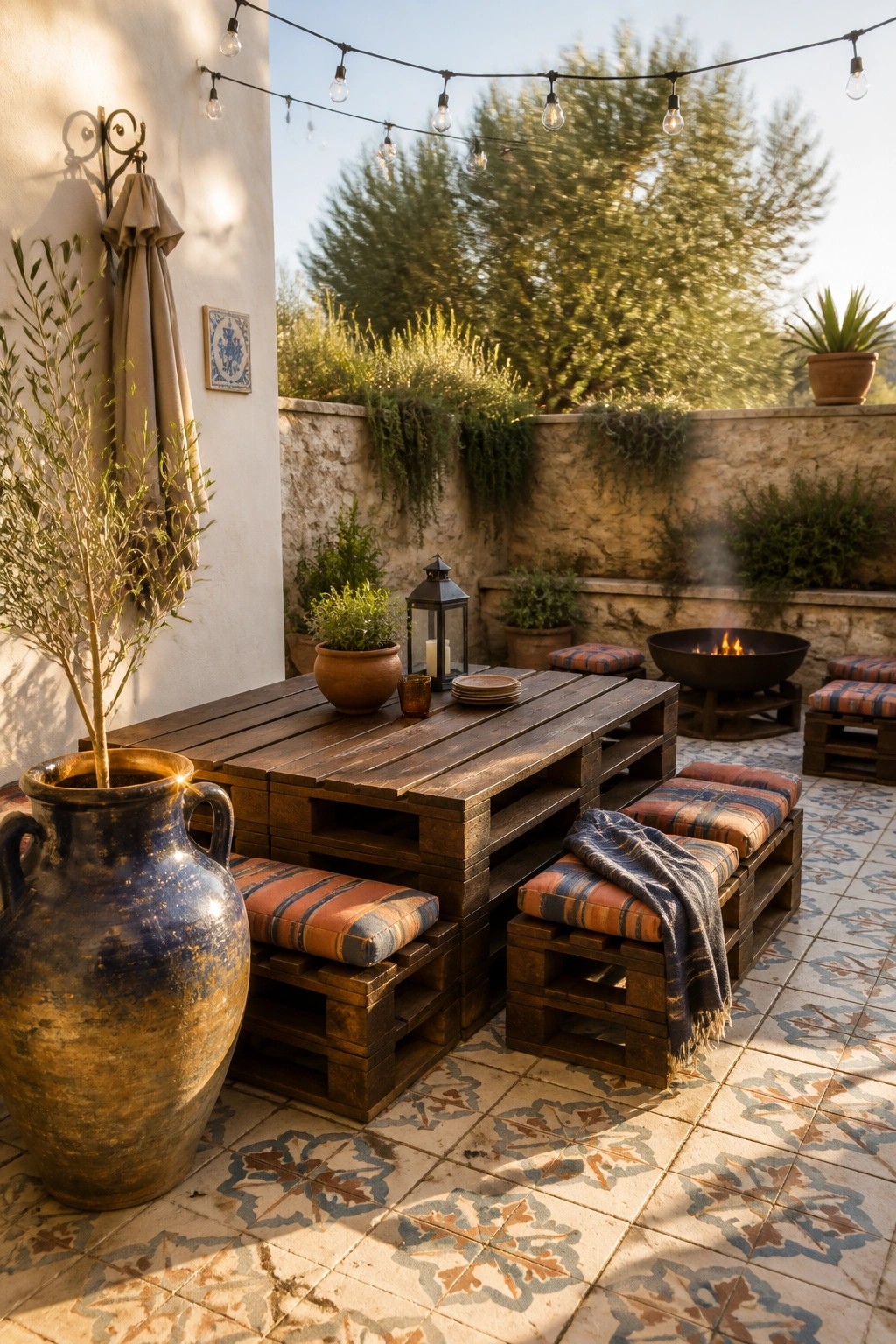 A patio scene showing a wooden pallet table with benches, striped cushions, potted plants, a fire pit, and string lights overhead.