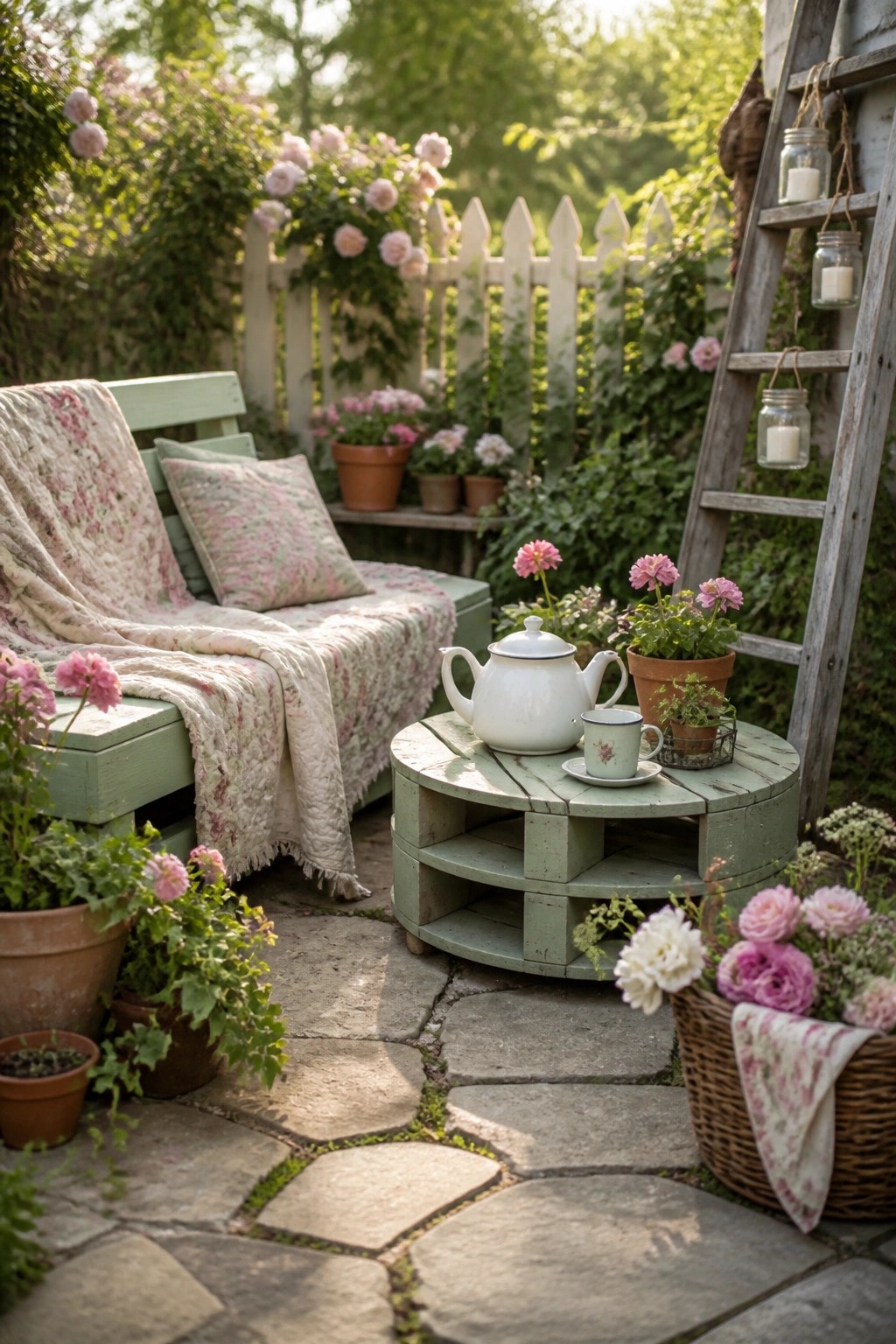 A round green table made from repurposed pallet wood sits on a stone patio beside a white teapot and cup.