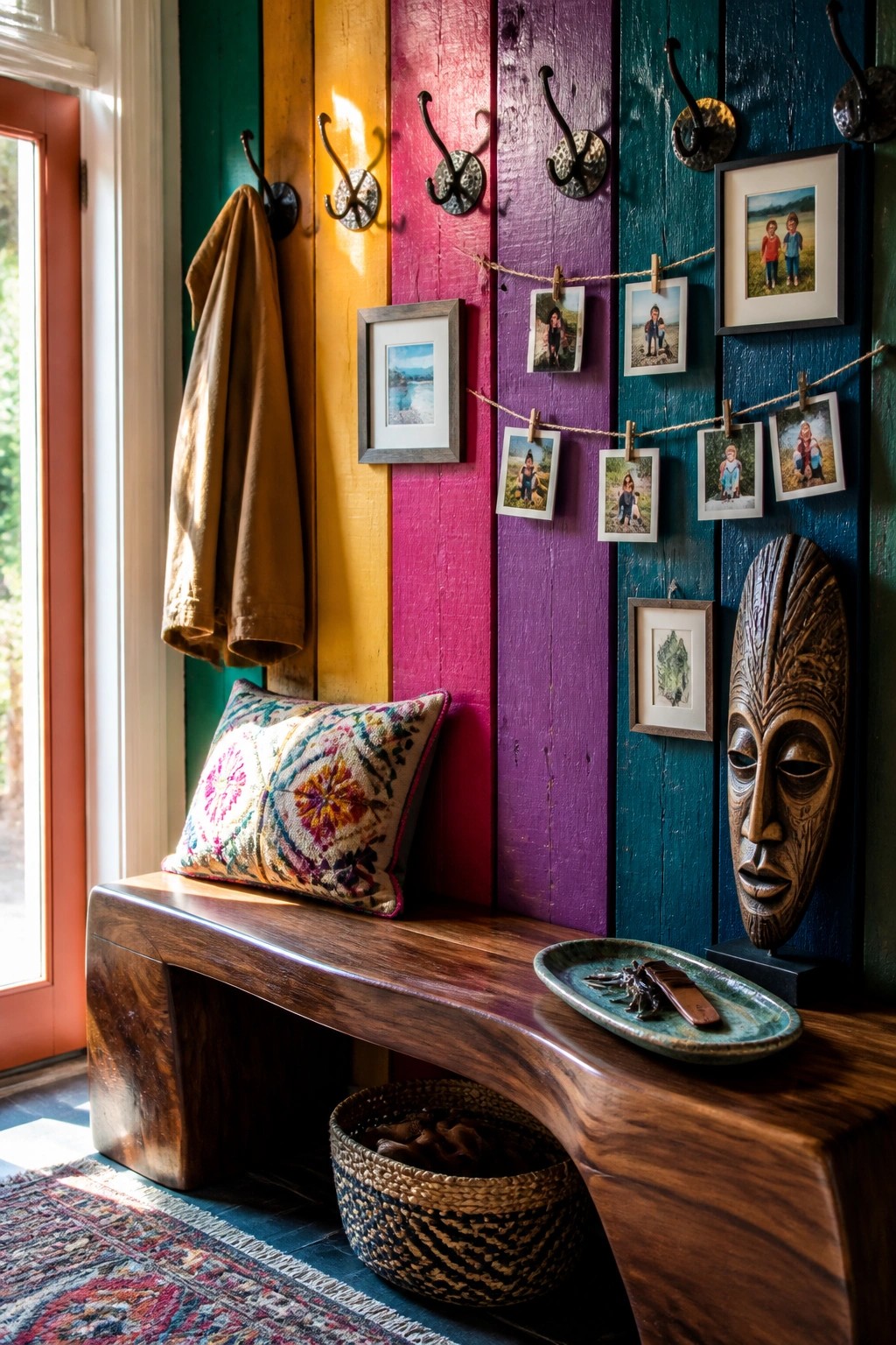 Colorful vertical pallet wall in an entryway with black hooks, a wooden bench, and photos clipped to strings.
