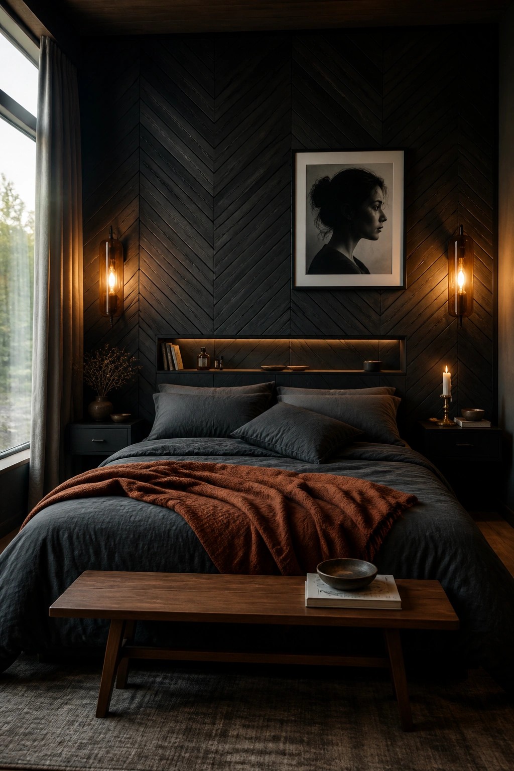 A bedroom featuring a dark herringbone wood accent wall behind a bed with gray linens, two wall sconces, and a framed portrait above the headboard.