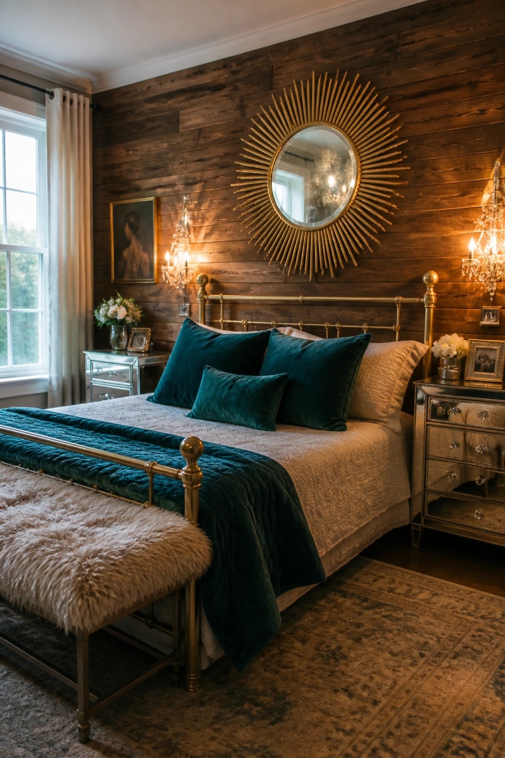 A bedroom with a dark wood plank accent wall, a large gold sunburst mirror centered above a brass bed with teal velvet pillows and a teal throw.