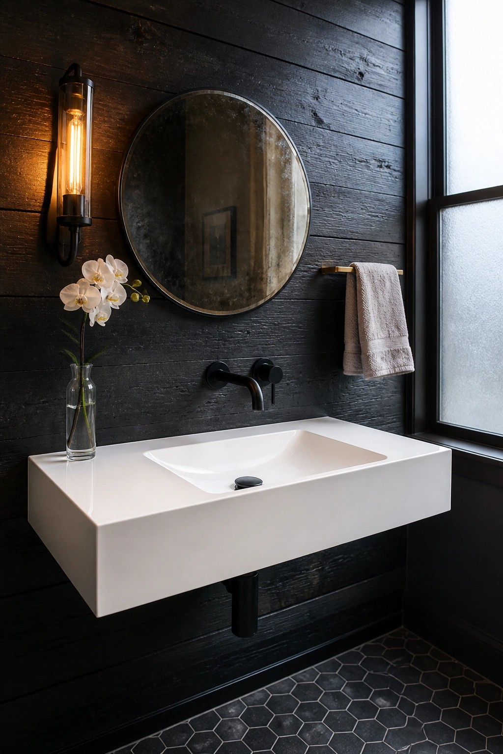 A bathroom with a white floating sink on a dark wood plank wall, a round mirror above it, black wall-mounted faucet, and a small vase with white flowers to the left.