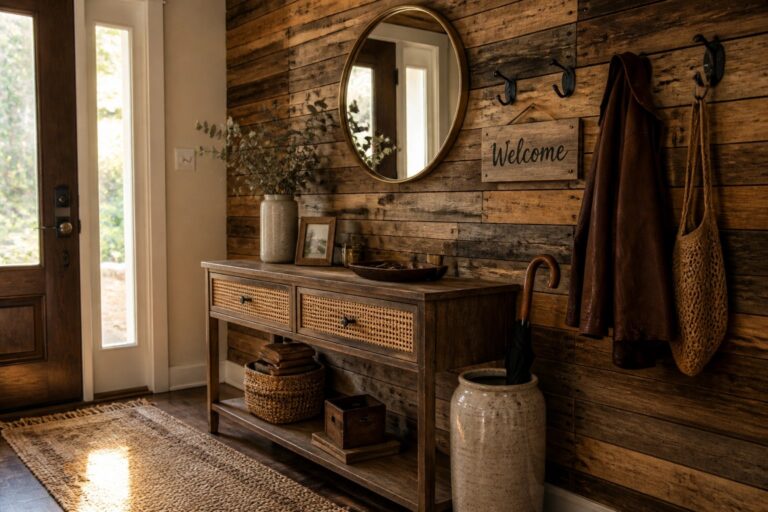19 Dramatic Pallet Wall Backdrop Ideas for Entryways, Bedrooms, and Photo-Friendly Corners An entryway with a reclaimed wood pallet wall, wooden console table, round mirror, and umbrella holder beside a front door.