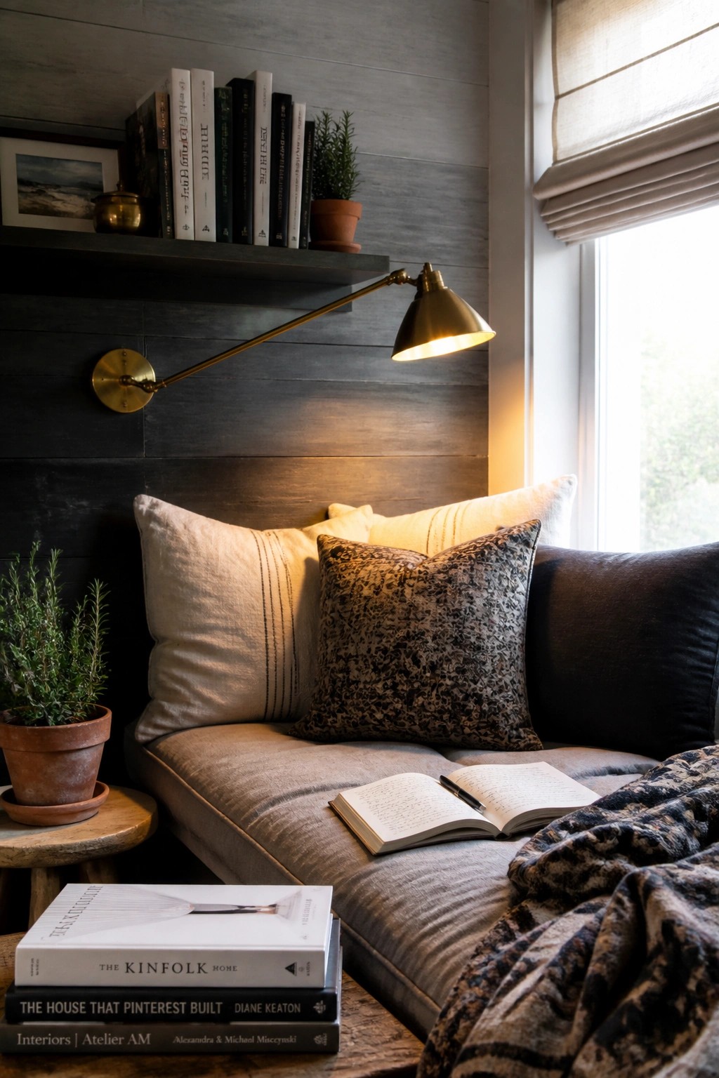 A dark wooden pallet wall behind a gray sofa with pillows, an open book on the cushion, and a brass wall lamp mounted on the wood.
