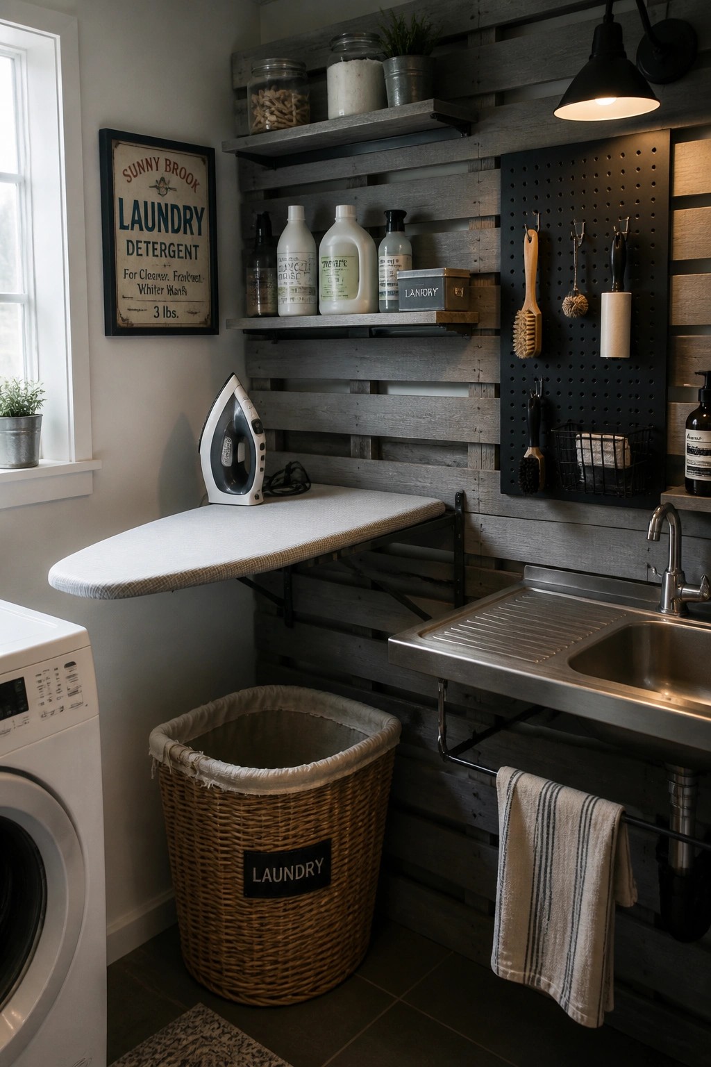 A laundry room with a gray wooden pallet wall holding shelves of detergent bottles, a pegboard with brushes, a fold-down ironing board, a wicker basket, and a stainless steel sink.