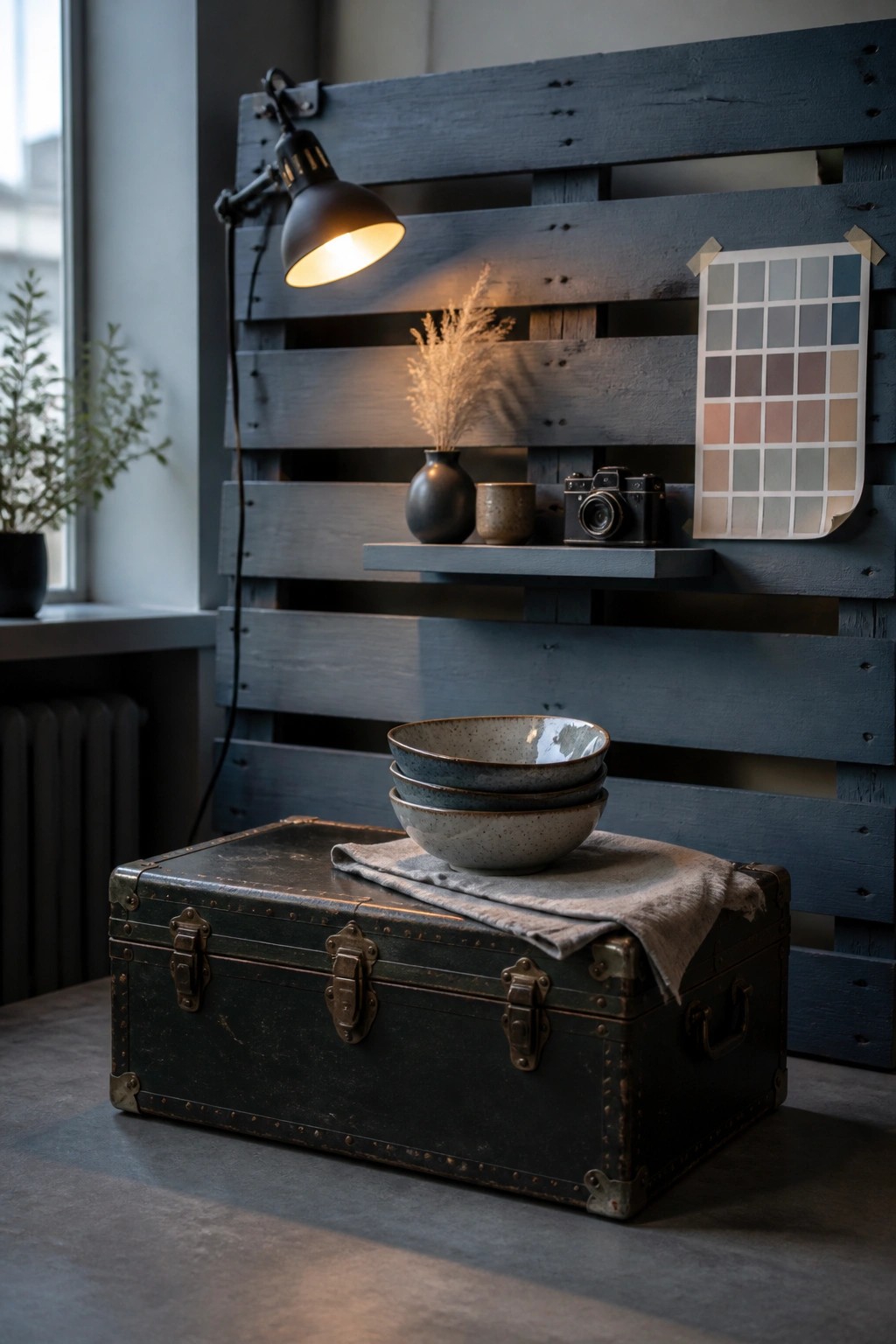 A dark wooden pallet wall with a mounted shelf holding a vase, cup, and vintage camera, a color swatch card taped to the wall, and a stack of bowls on a trunk in front.