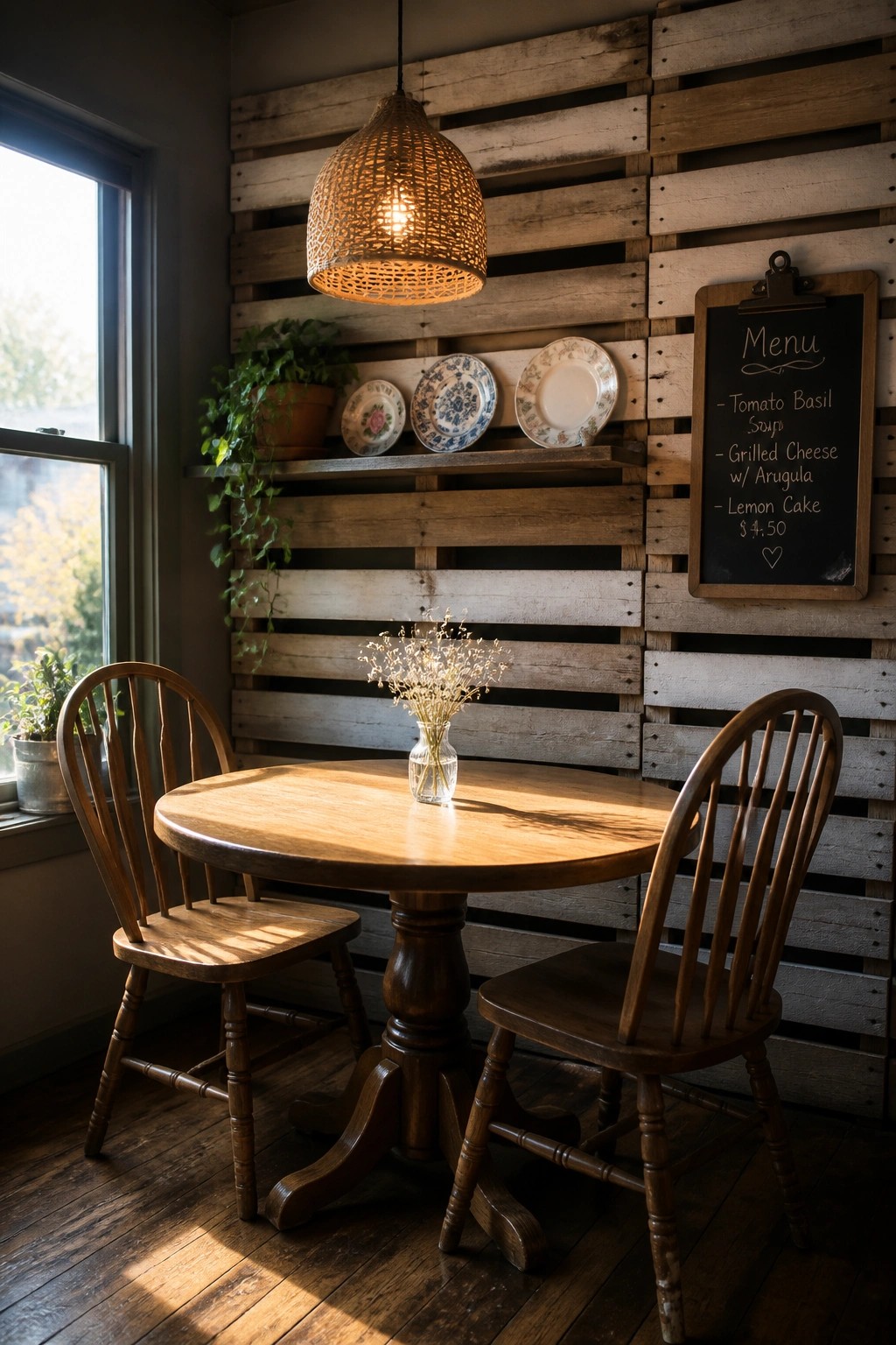 A small round wooden table with two chairs is placed in front of a wall constructed from horizontal wooden pallets, featuring a woven pendant light overhead and a chalkboard menu mounted on the right.