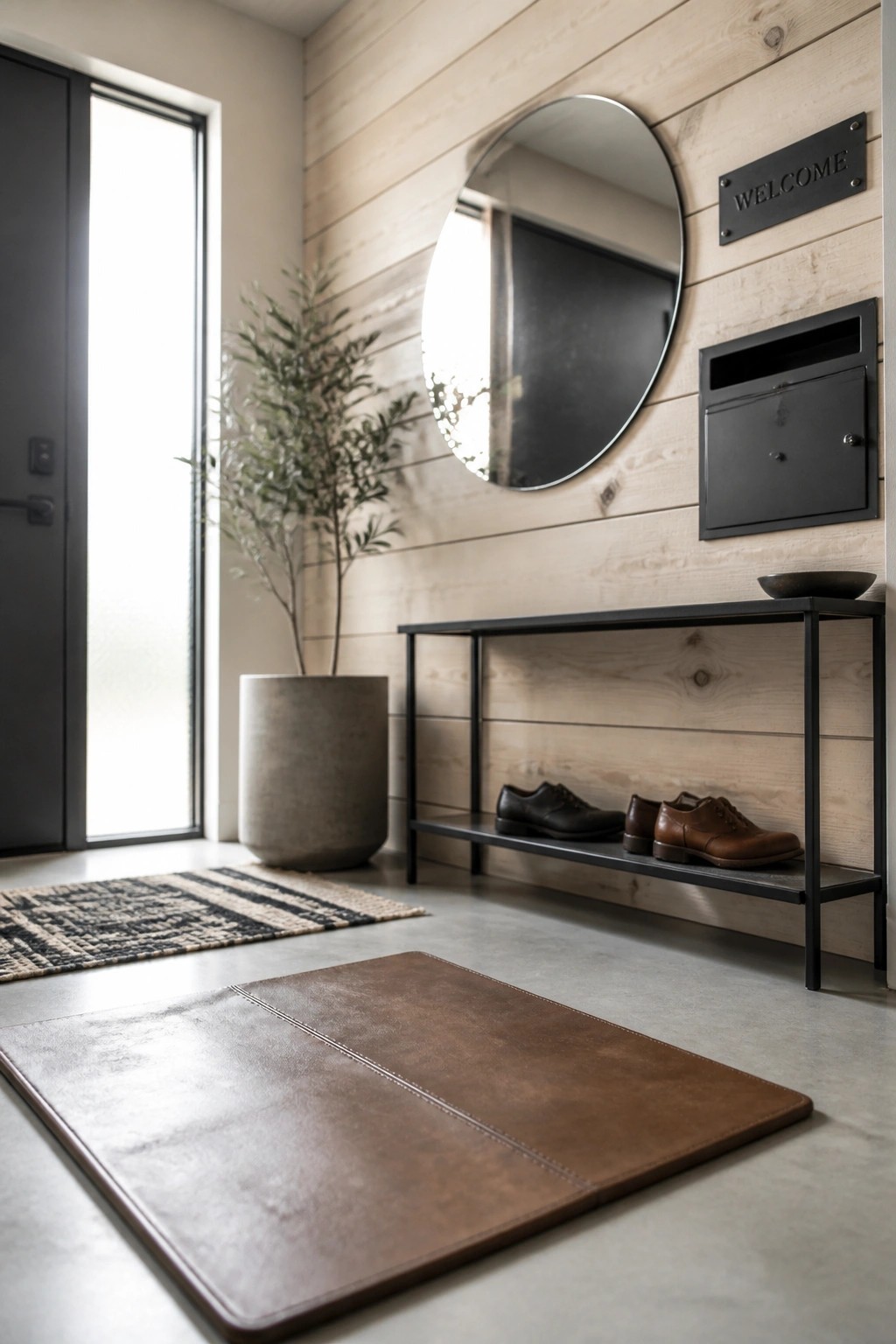 An entryway featuring a light wood plank accent wall with a round mirror, black metal console table holding shoes, a potted plant in a concrete pot, and a brown leather mat on the floor.