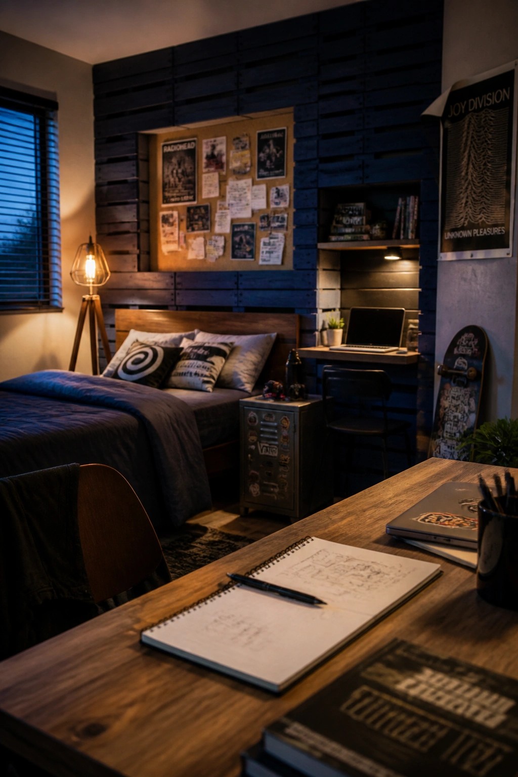 A bedroom with a dark pallet wood accent wall behind the bed, featuring a recessed display area with posters, a built-in desk with laptop, and a wooden desk in the foreground holding an open sketchbook.