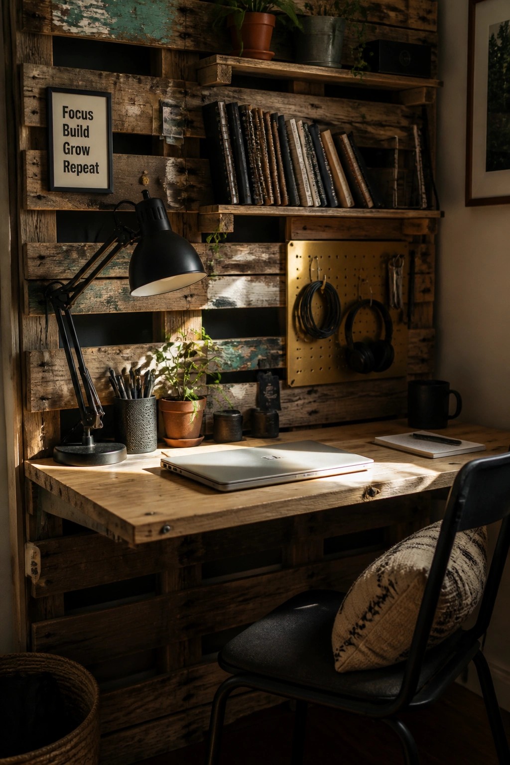 A wooden desk setup with a laptop, black lamp, and chair against a reclaimed pallet wood wall that includes shelves and a pegboard.