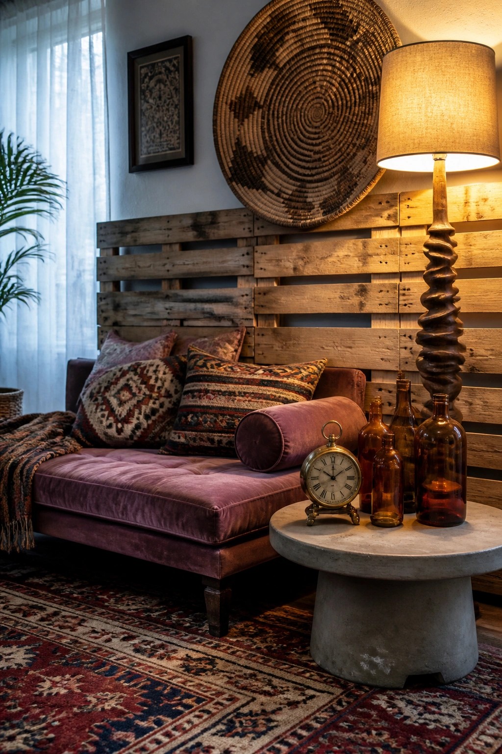 A purple velvet sofa sits against a horizontal pallet wood wall, with patterned pillows, a round woven basket above, and a concrete table holding a lamp and small clock.