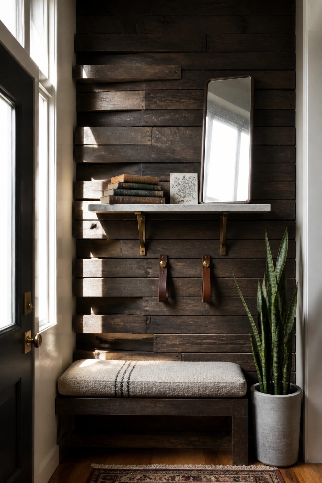 A narrow entryway featuring a dark reclaimed wood pallet wall with a floating marble shelf, leather hooks, a cushioned bench, and a potted snake plant beside a black door.