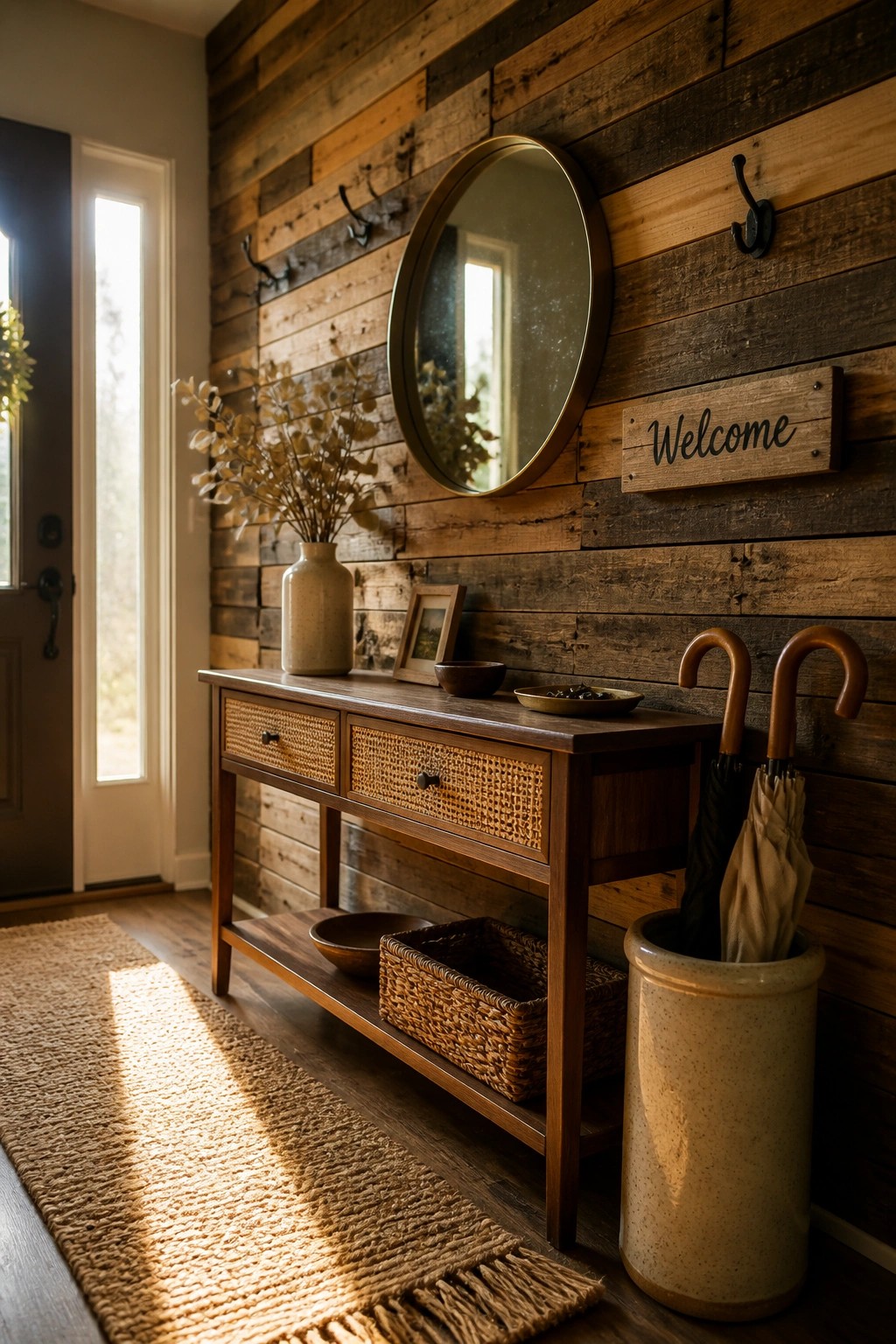 An entryway with a reclaimed wood pallet wall, wooden console table, round mirror, and umbrella holder beside a front door.