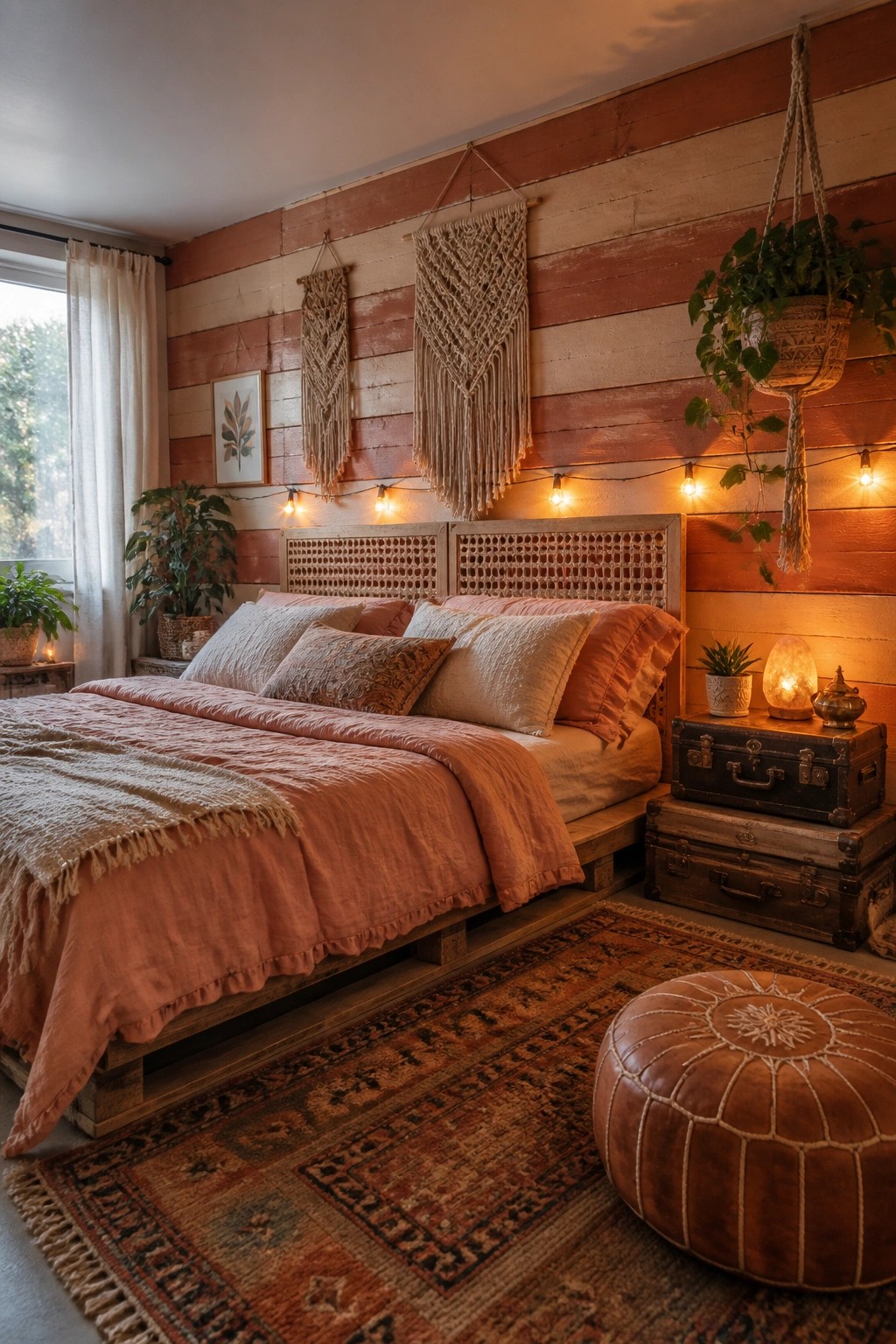 A bedroom featuring a low wooden bed with coral bedding against a wall of horizontal reclaimed wood planks, accented with macrame hangings and string lights.