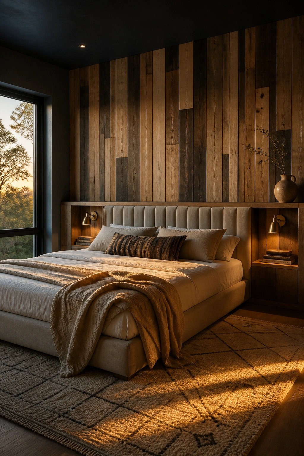 A bedroom with a bed against a vertical reclaimed wood wall, flanked by built-in shelves with lamps and books.