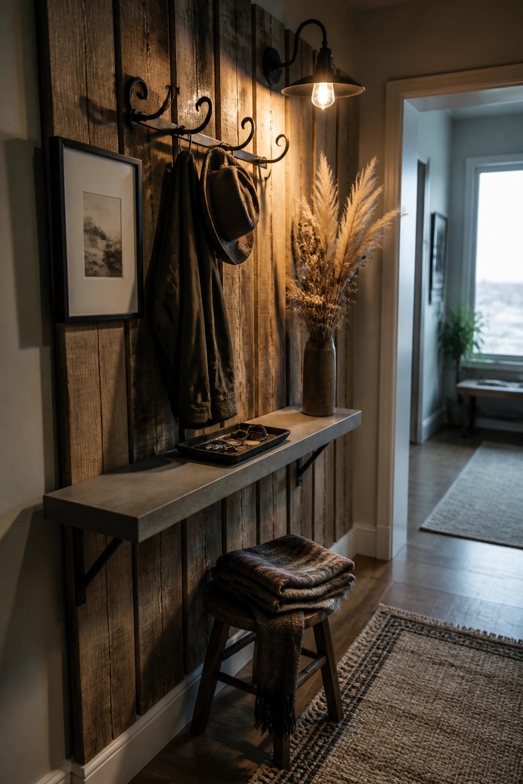 An entryway with a vertical reclaimed wood wall featuring hooks holding a jacket and hat, a floating concrete shelf, a wall sconce, and a wooden stool with folded blankets.