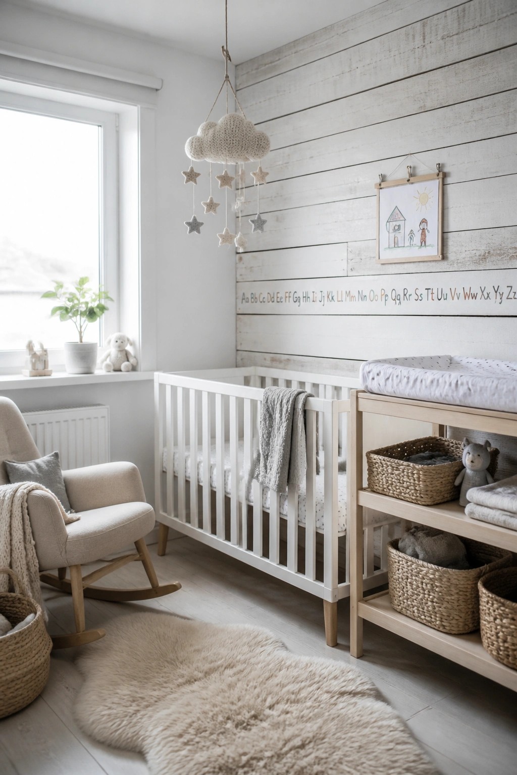 Cozy neutral nursery with white crib, rocking chair, fluffy rug, and cloud mobile