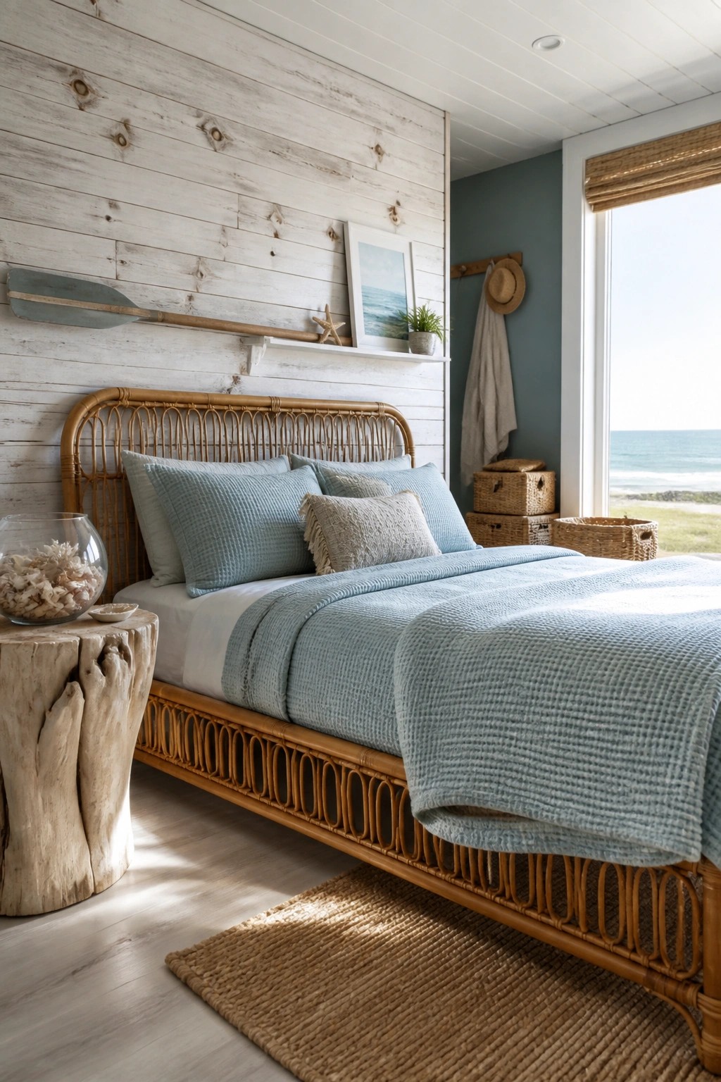 A bedroom with a whitewashed horizontal wood plank wall behind a rattan bed dressed in light blue bedding.