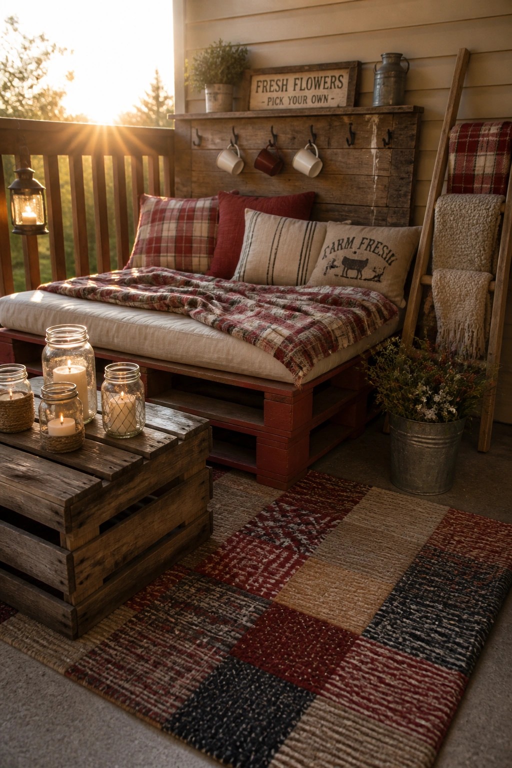 A wooden pallet bench topped with cushions and blankets on an outdoor porch with rustic decor.