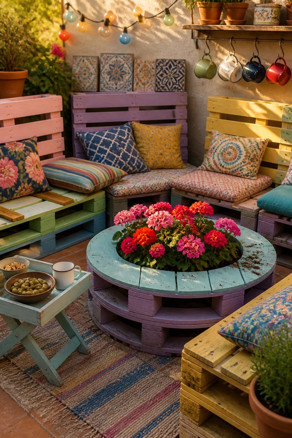 An outdoor patio with colorful painted pallet benches arranged around a circular pallet fire pit filled with flowers.