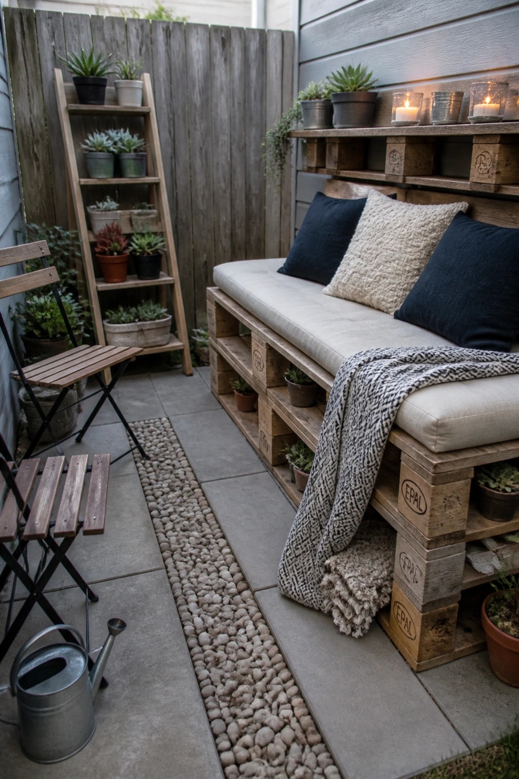 A wooden pallet bench with cushions and pillows sits on a stone patio next to potted plants and a folded wooden chair.
