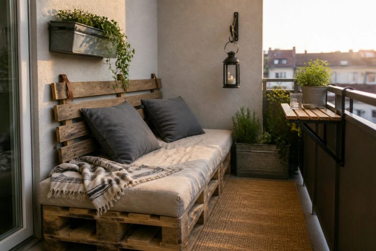 19 Space-Saving Pallet Furniture Outdoor Ideas for Tiny Balconies and Apartment Patios A small balcony shows a wooden pallet bench with gray cushions and a striped throw, next to a foldable wooden table attached to the metal railing with potted plants nearby.