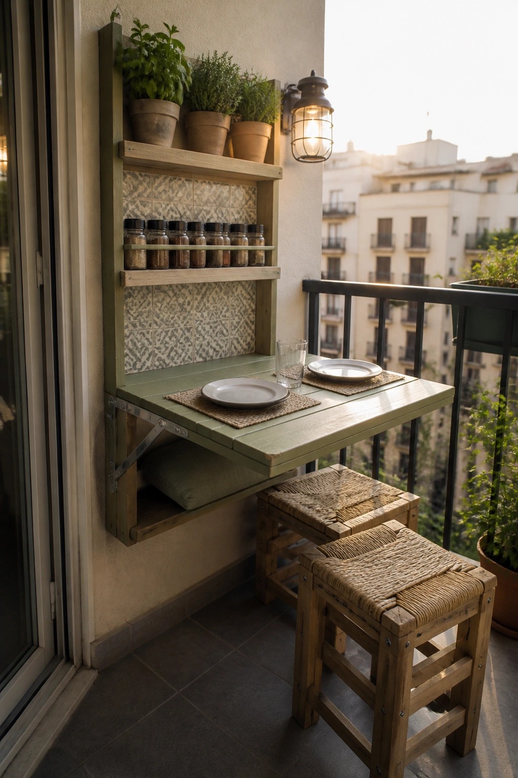 A green wooden fold-down table mounted on a balcony wall with two woven stools below it and shelves holding plants and jars above.