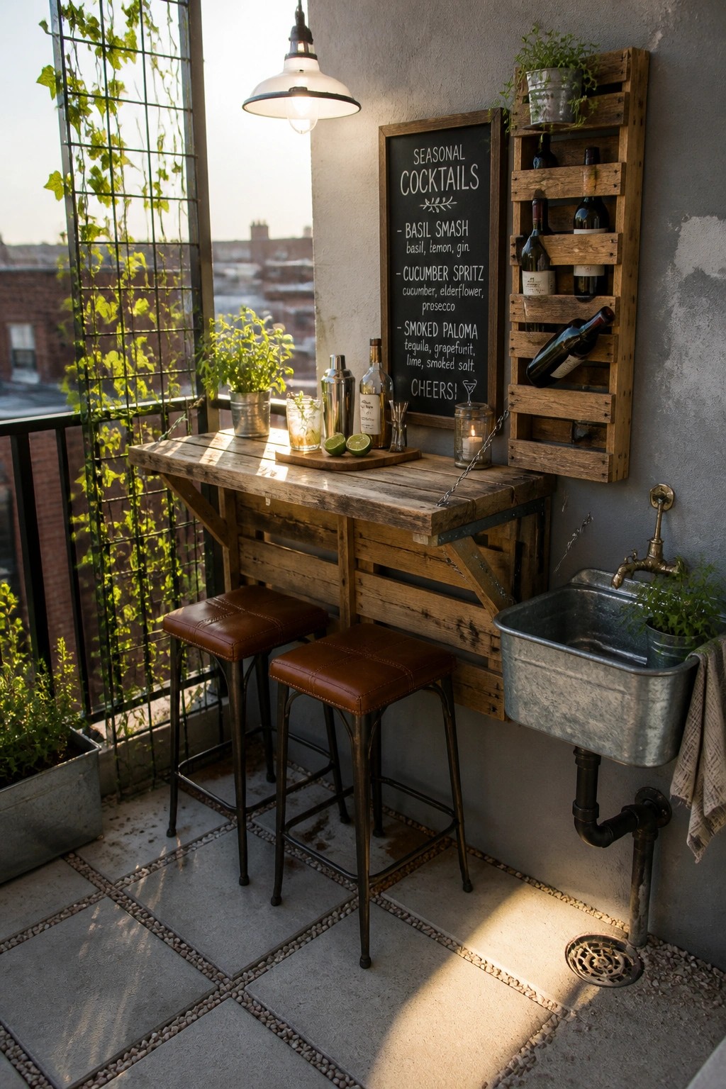 A wooden pallet bar counter mounted on a balcony wall with two leather stools tucked underneath, a chalkboard sign, a hanging bottle rack, and a metal sink nearby.
