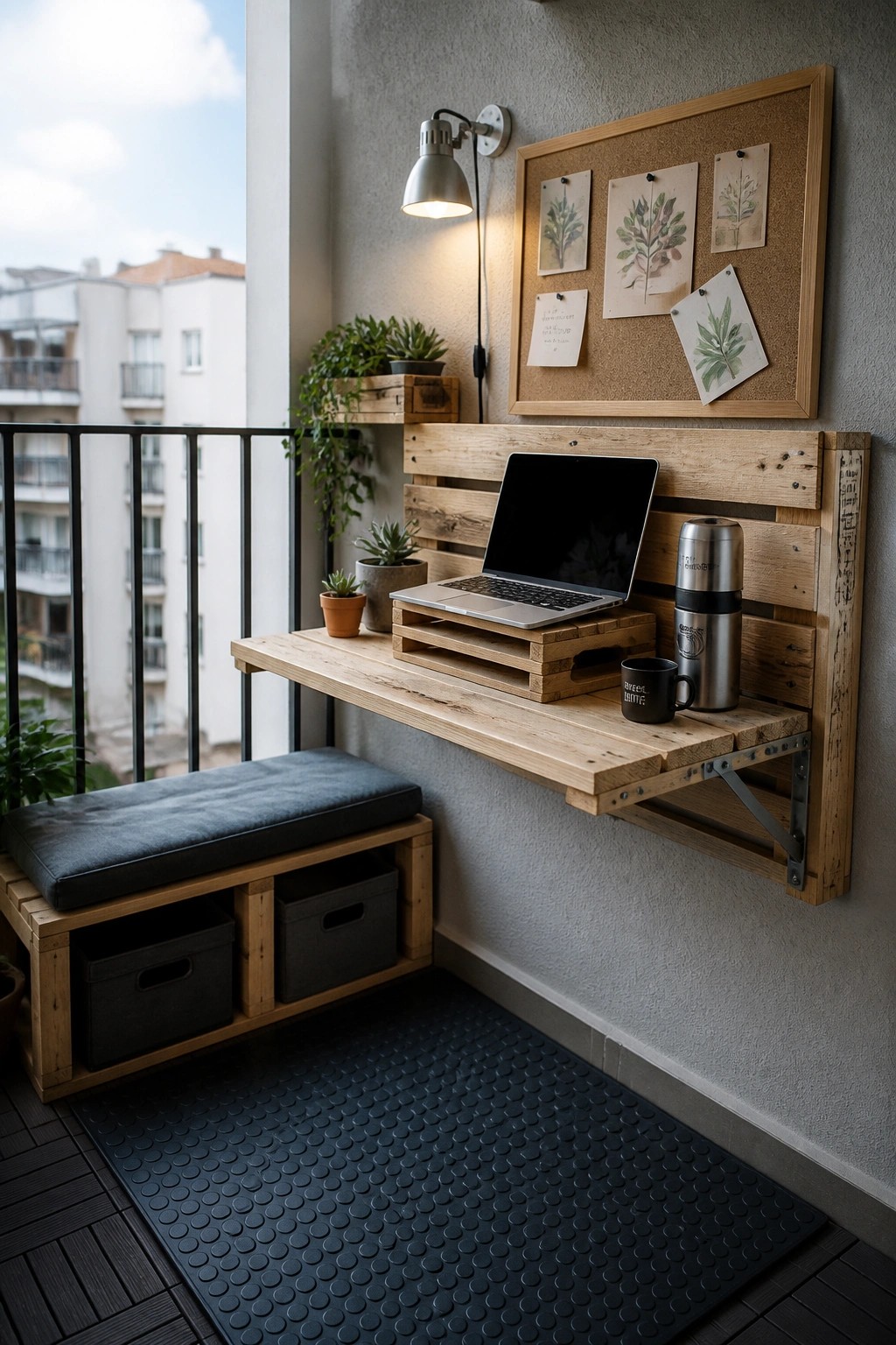 A wooden pallet desk mounted on a balcony wall holds a laptop, thermos, and mug, with a cushioned bench and storage bins below.