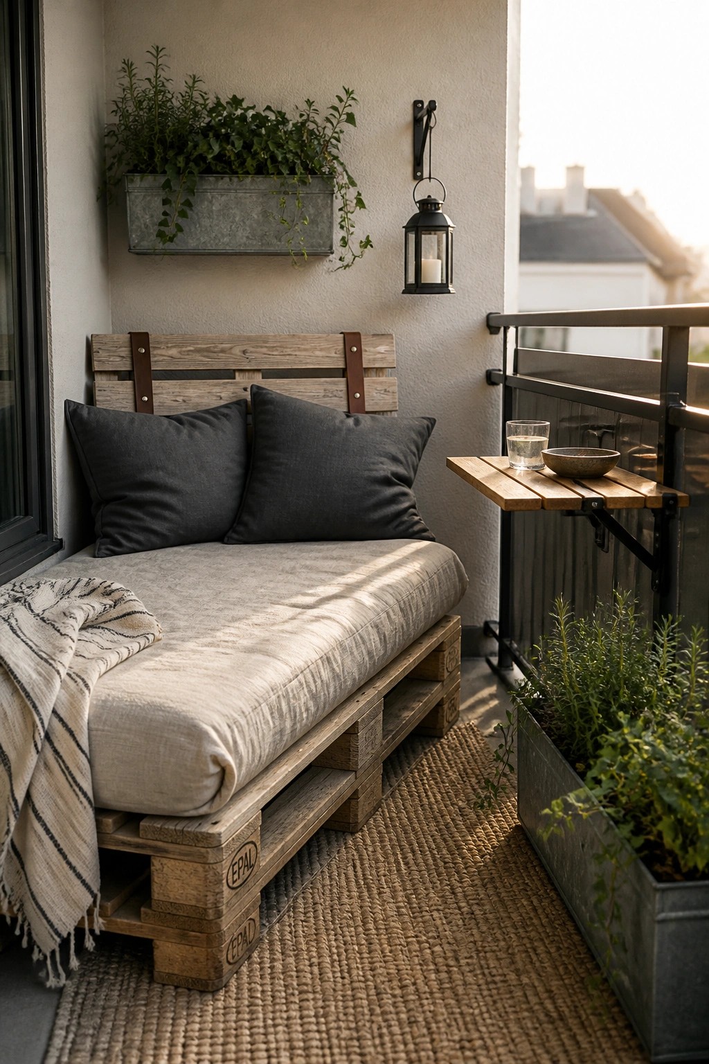 A small balcony shows a wooden pallet bench with gray cushions and a striped throw, next to a foldable wooden table attached to the metal railing with potted plants nearby.