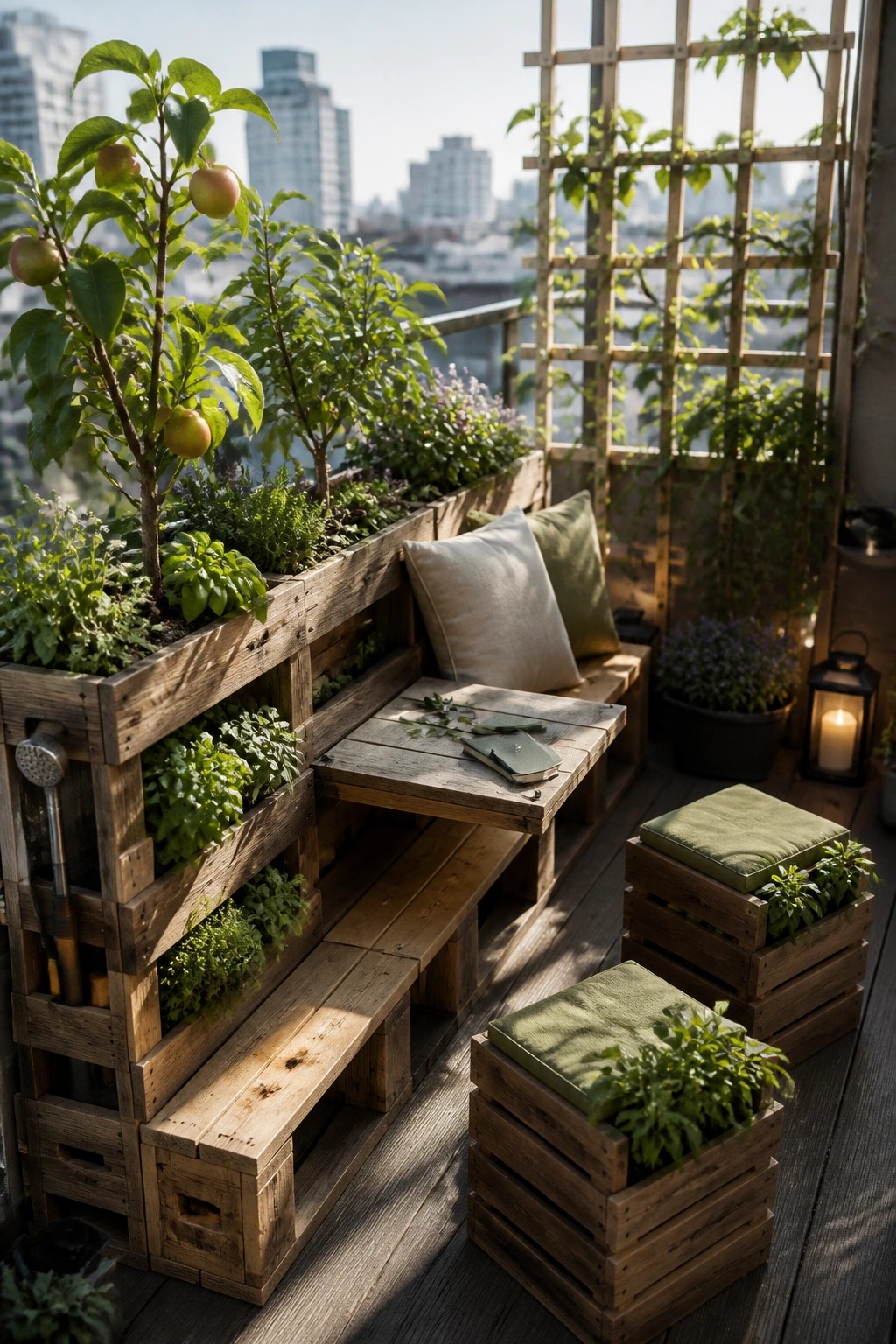 A wooden pallet bench with integrated planters sits on a balcony beside two pallet stools with green cushions and a small attached table, surrounded by additional plants and a city view.