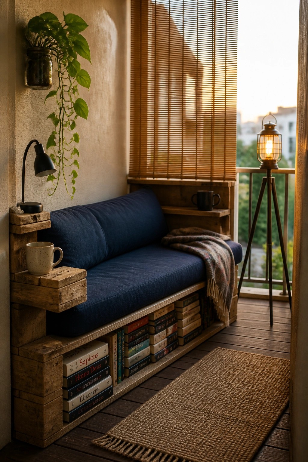 A wooden pallet bench with blue cushions holds rows of books stored underneath on a small balcony with a woven rug and hanging plant.