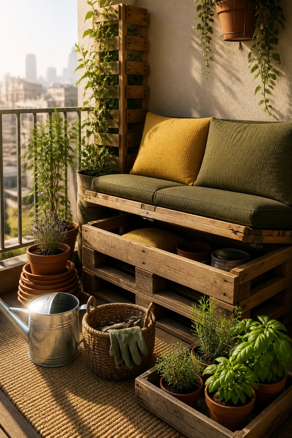 A wooden pallet bench with green cushions and a yellow pillow on a balcony, with the seat lifted open to show storage space inside, surrounded by potted plants and a watering can on a woven mat.