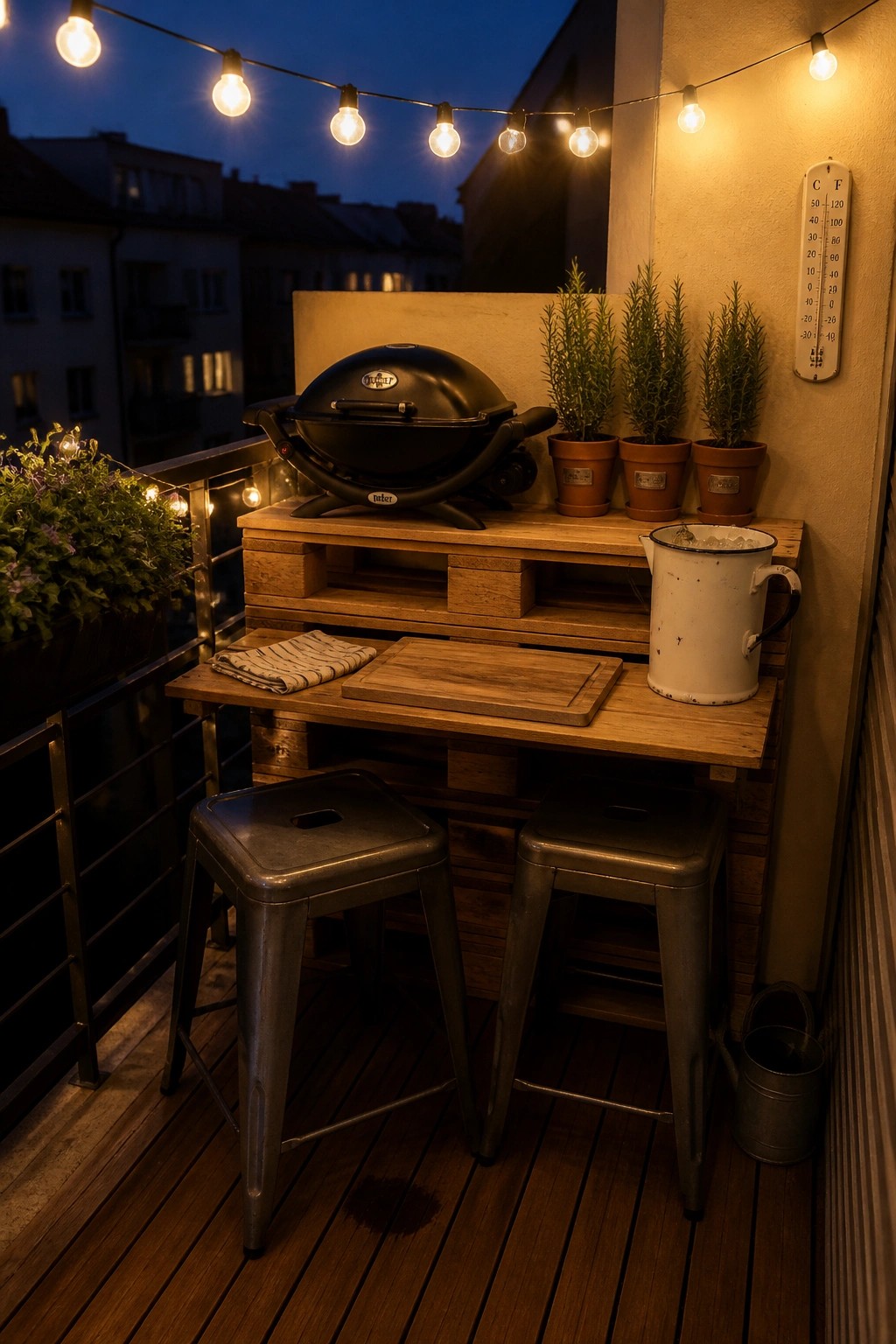 A small balcony at dusk features a wooden pallet counter with a black grill on top, potted plants, a white pitcher, two metal stools, and string lights overhead.