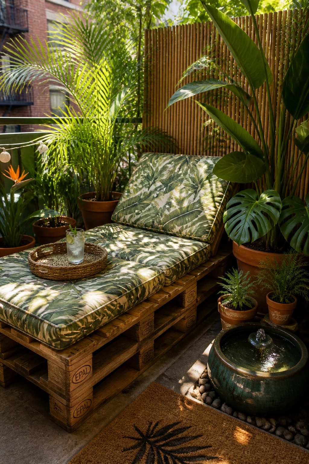 A pallet-built lounge chair with green leaf-patterned cushions sits on a small balcony next to potted plants and a water fountain.