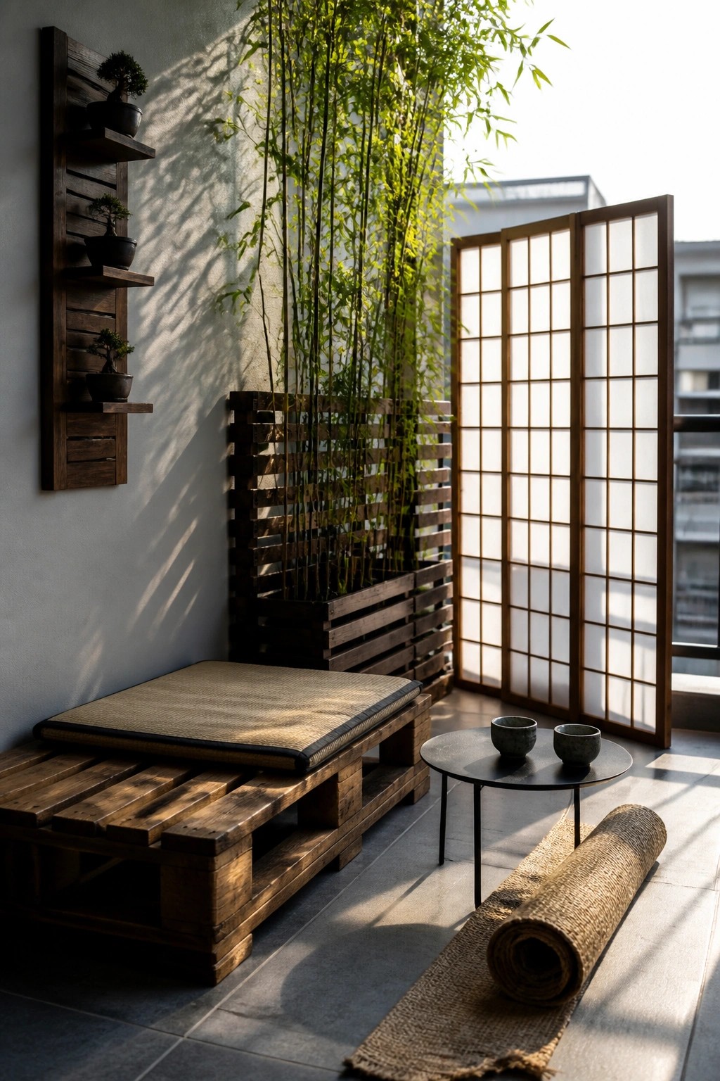 A small balcony corner featuring a low wooden pallet platform with a woven cushion, a round metal table with two bowls, a rolled mat on the floor, a pallet planter holding tall bamboo, and a shoji screen beside it.