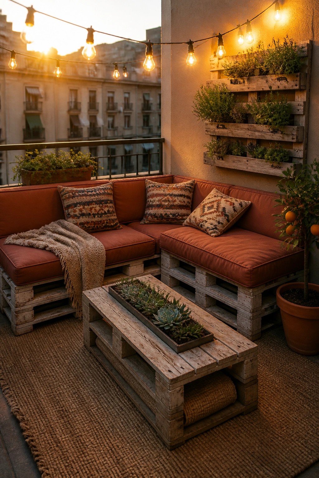 A balcony corner with L-shaped pallet sofas topped with rust cushions and patterned pillows, a low pallet coffee table holding a tray of succulents, string lights above, and vertical wooden pallet planters mounted on the wall.