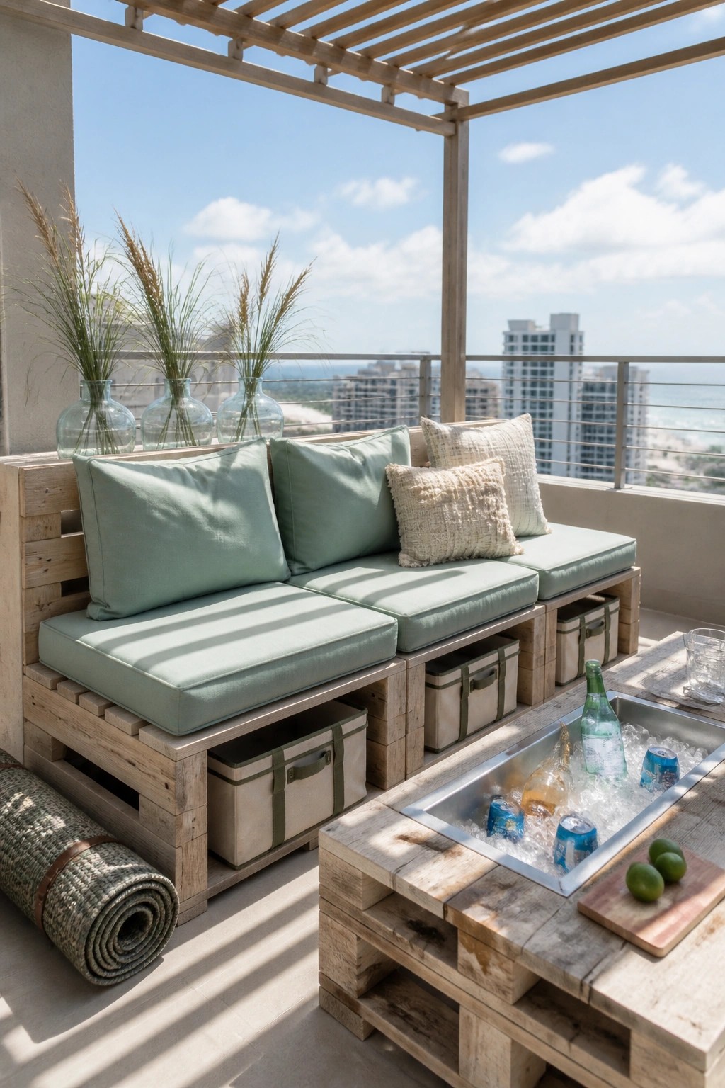 Wooden pallet sofa with light green cushions and storage bins underneath, next to a pallet table with a built-in ice bin on a sunny balcony.