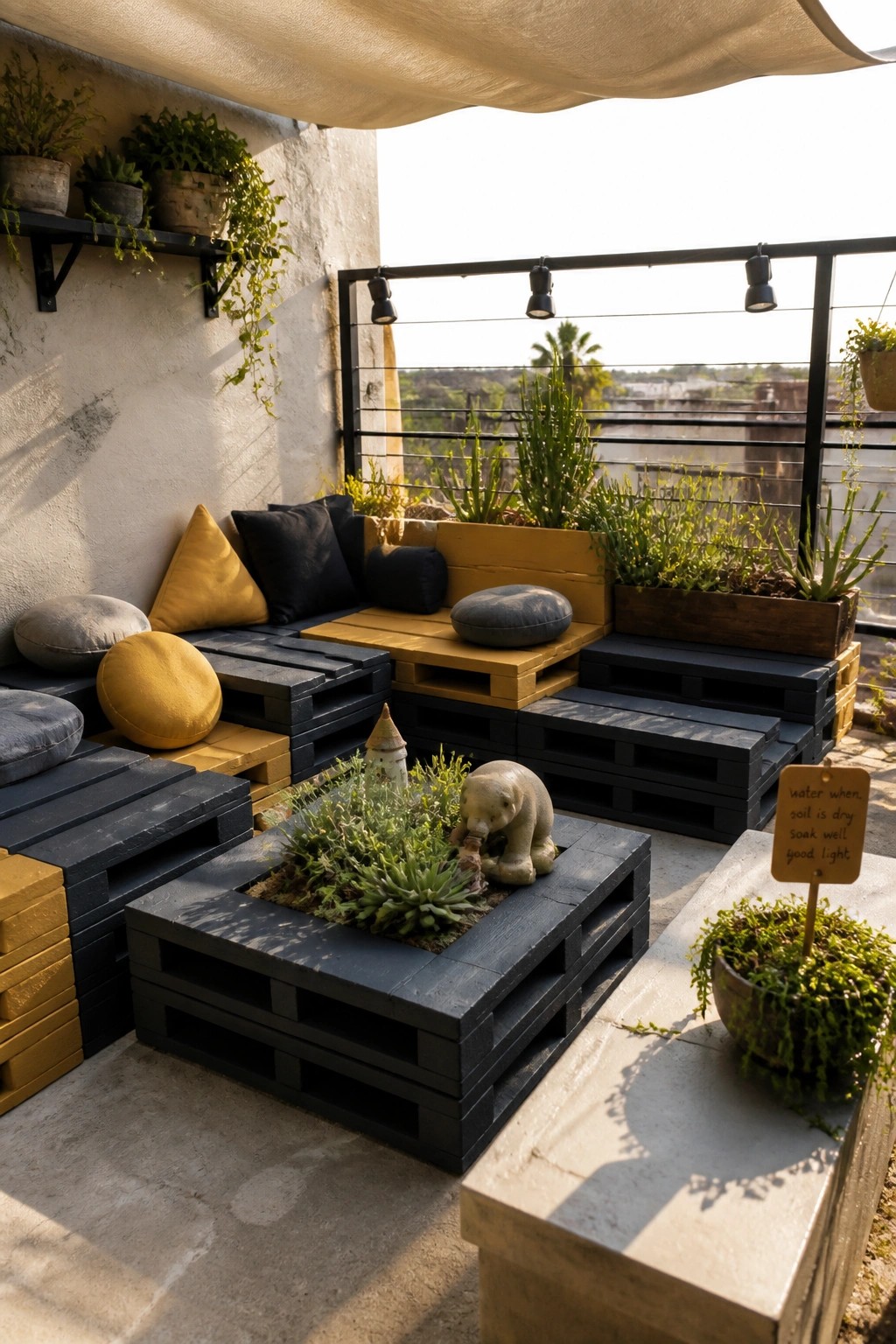 A small outdoor patio furnished with black and yellow painted wooden pallets arranged as modular seating and planters around a central raised bed.