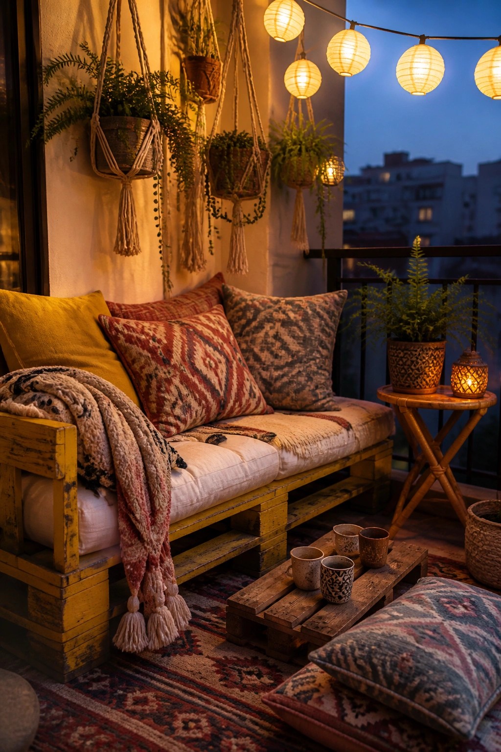 A small balcony with a low yellow pallet sofa topped with white cushions and patterned pillows, a matching pallet table holding ceramic mugs, hanging plants on the wall, and string lights overhead at dusk.