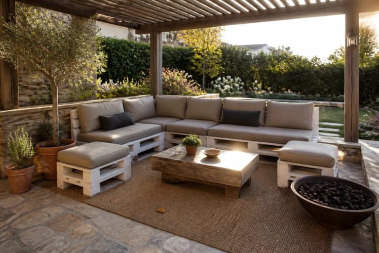 17 Trendy Pallet Outdoor Lounge Furniture Ideas in Modular Layouts and Modern Neutrals Outdoor patio with modular pallet sofa and ottomans arranged around a low wooden table on a woven rug, with a fire pit nearby.