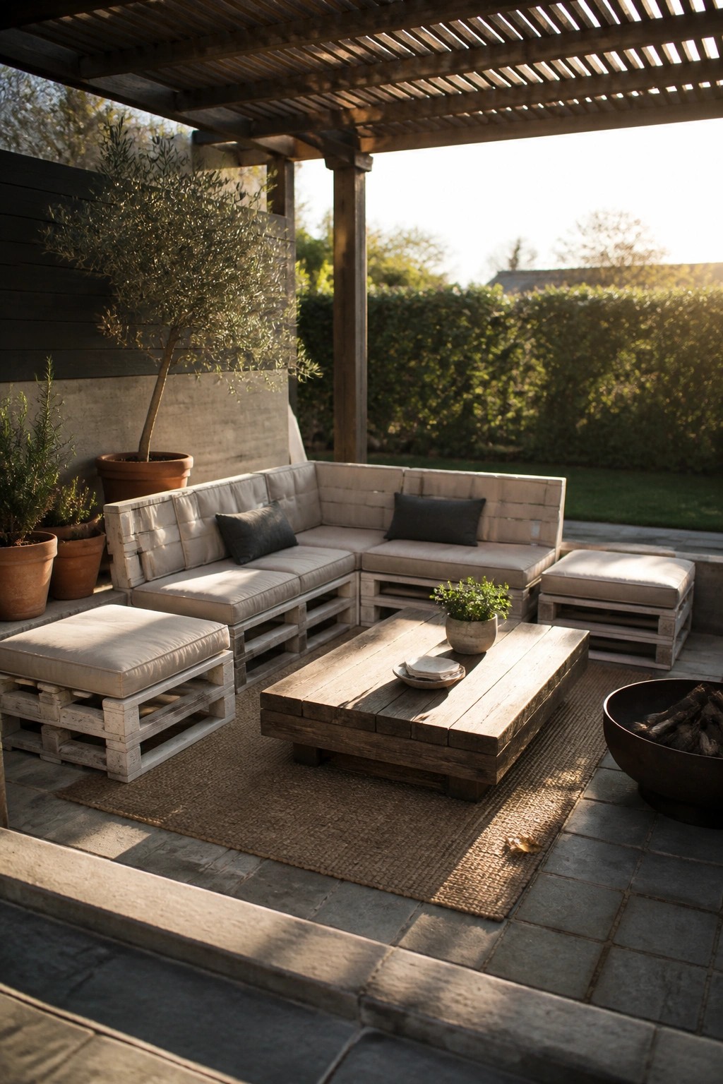 Outdoor patio with modular pallet sofa and ottomans arranged around a low wooden table on a woven rug, with a fire pit nearby.