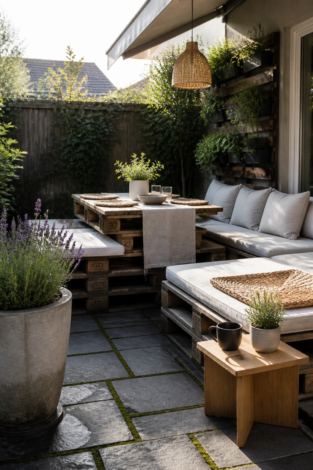 An outdoor patio with modular pallet furniture arranged as a low dining table, cushioned benches, and a long sofa section with light gray cushions on a stone floor.