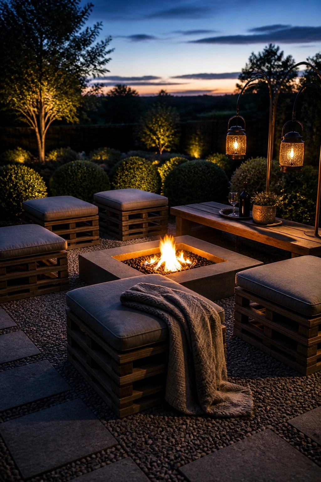 Outdoor patio with multiple pallet-based ottomans arranged around a square concrete fire pit, wooden bench nearby, and hanging lanterns at dusk.
