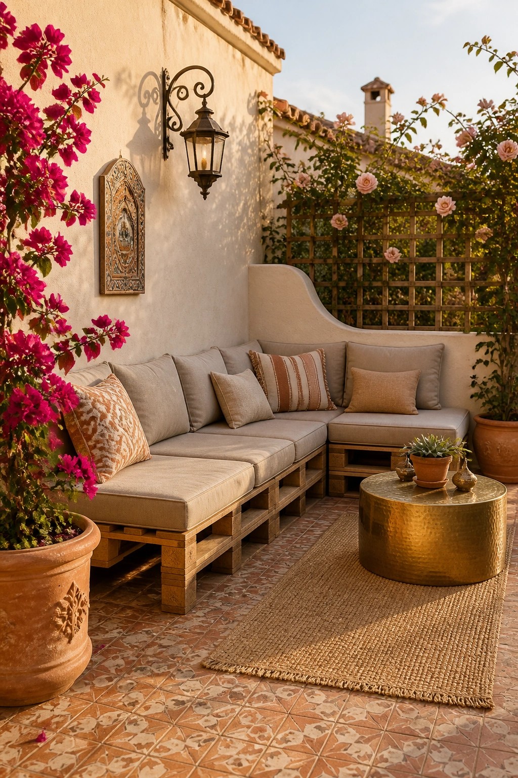 An outdoor corner patio with L-shaped pallet seating, neutral cushions, a round metal table, and terracotta pots with flowers.