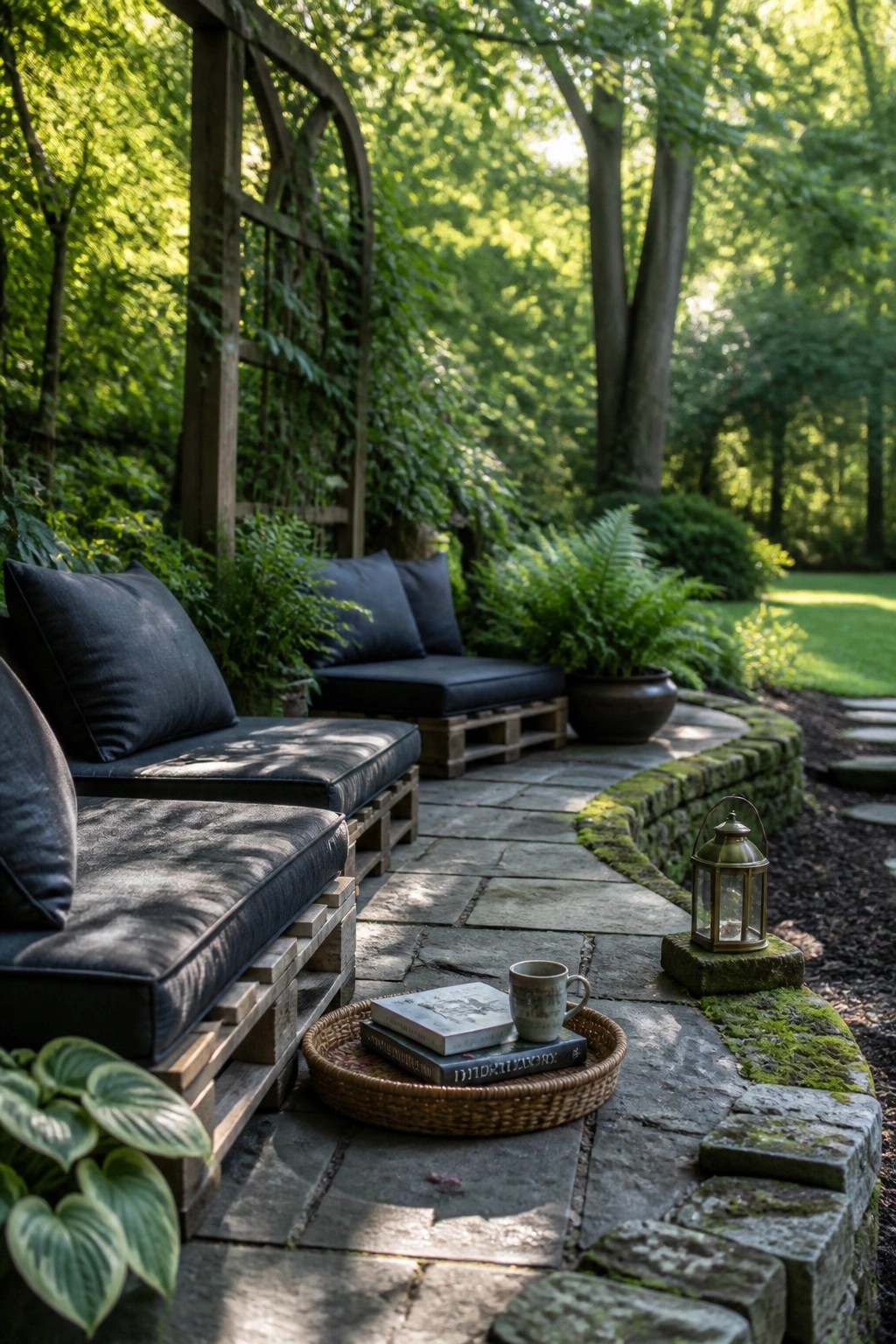 Pallet lounge furniture with dark cushions arranged on a stone patio beside a garden path, with a wicker tray holding books and a mug in the foreground.
