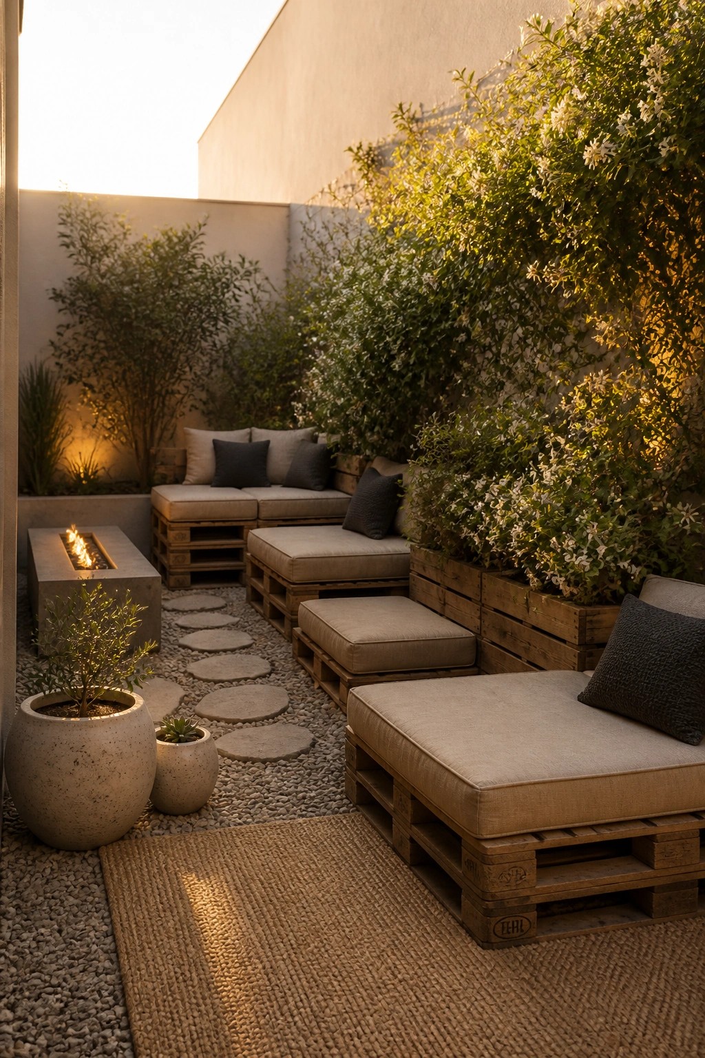 Outdoor lounge area with modular pallet sofas and cushions arranged on gravel next to potted plants and a concrete fire pit.