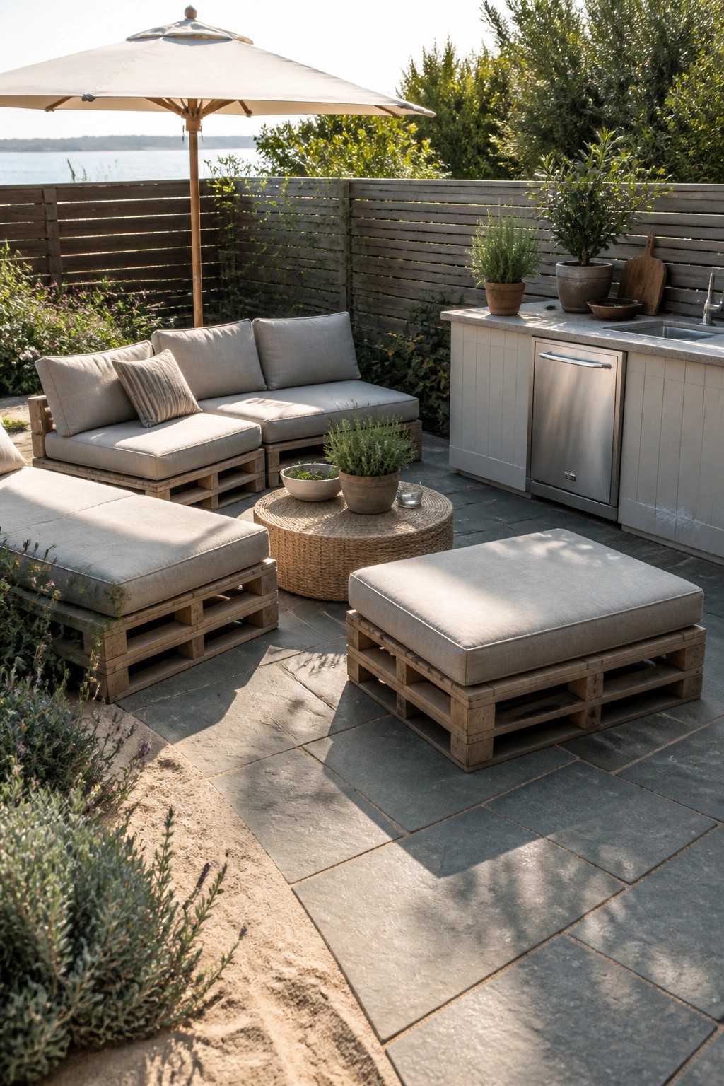 Outdoor stone patio with modular pallet sofas and ottomans in neutral fabric, a round woven coffee table, potted plants, and an outdoor kitchen area under a large umbrella.